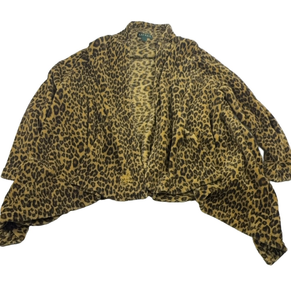Lauren Ralph Lauren Leopard Print Fleece Open Front Cardigan Women M Brown